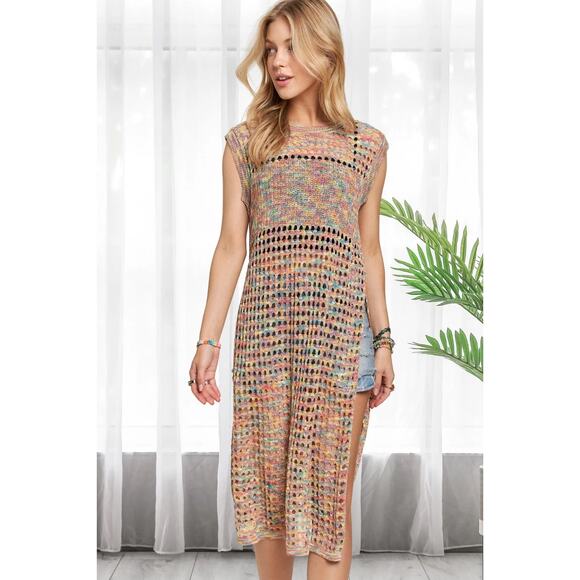 ADORA Multi Color Sleeveless Round Neck Side Slit Crochet Tunic Top | Rainbow - Picture 2 of 6